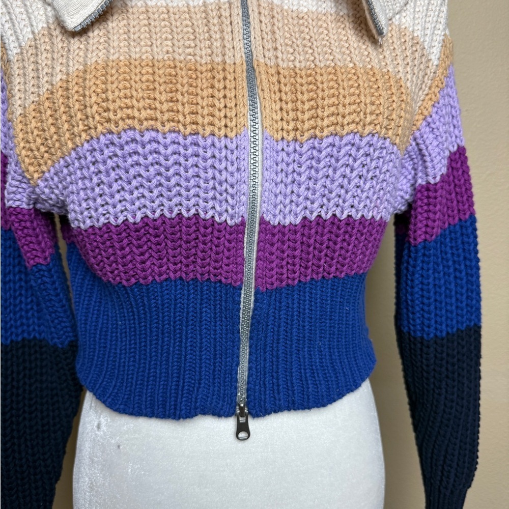 Aerie Double Zip Up Striped Cropped Cardigan Sweater Size XXS - Picture 4 of 11